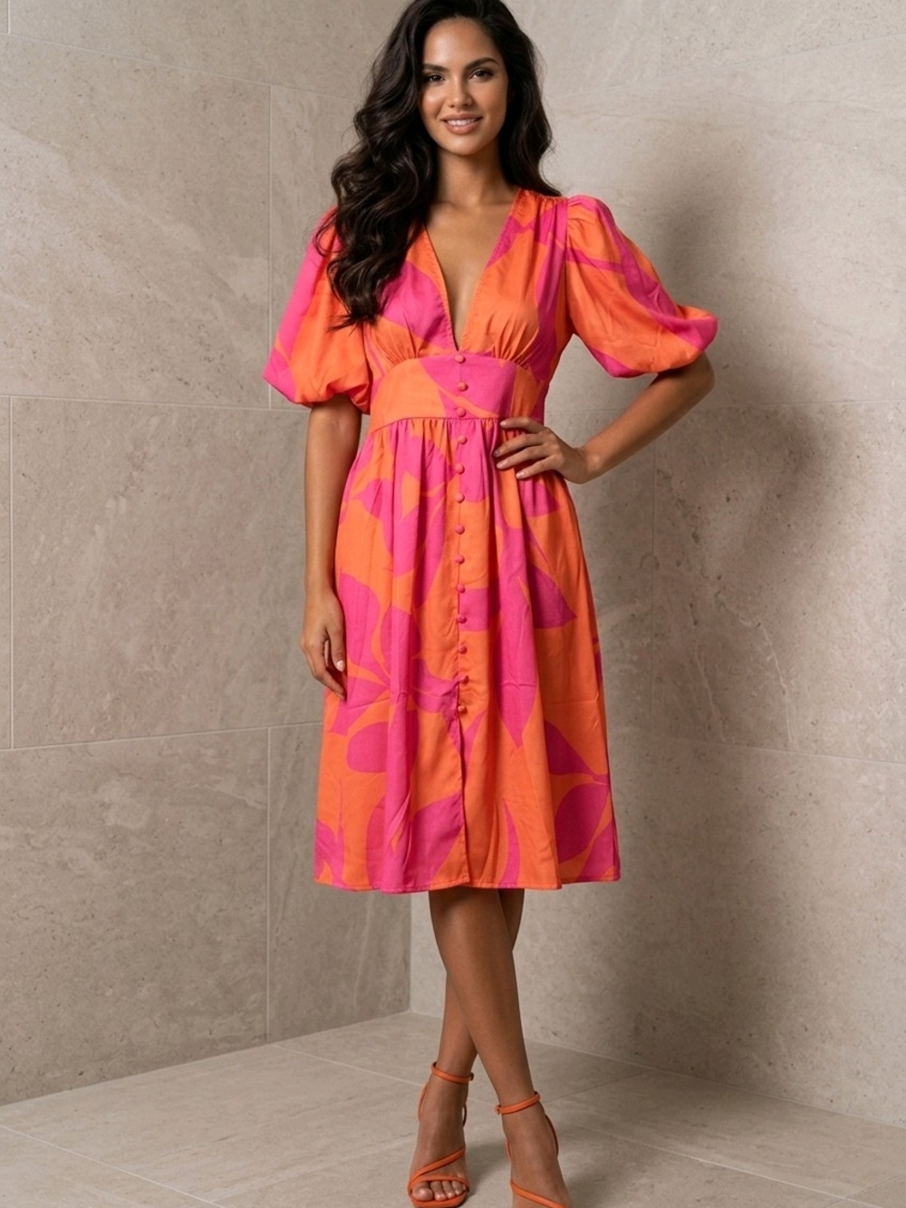 NWT | MEDIUM | Vibrant Puff Sleeve Abstract Print Midi Dress - Orange / Hot Pink